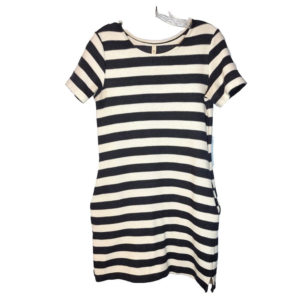 Wishlist Black/Cream Woven Rayon Blend Striped T-shirt Dress Pockets Slit Medium